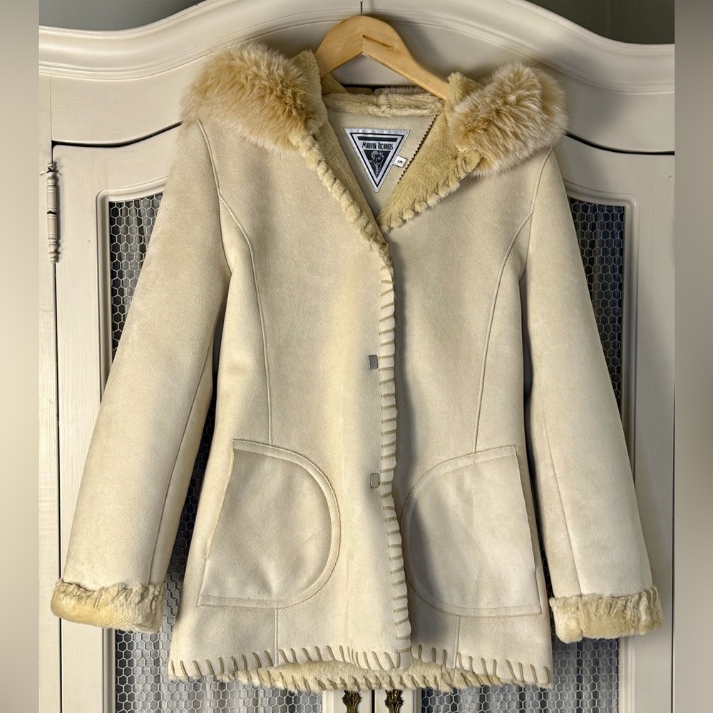 Vintage Creamy Penny Lane Boho Marvin Richards Cozy Fox Fur Hooded Trim Coat